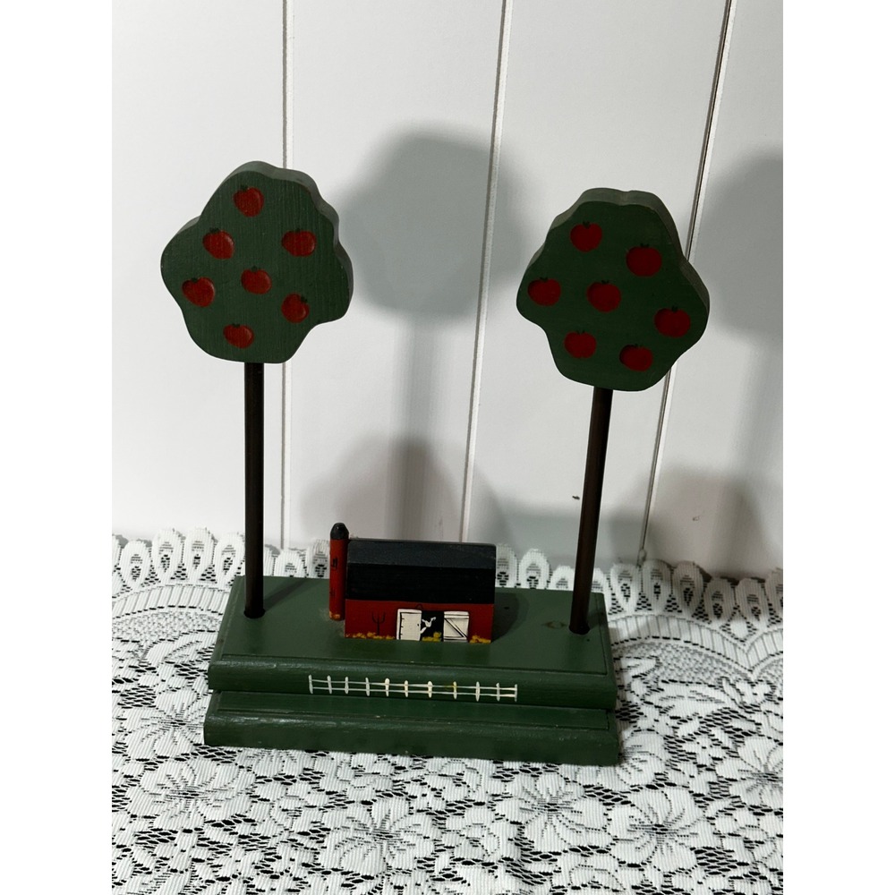 Vintage Wooden Folk Art Farm Scene Red Barn Apple Trees Primitive Country Decor